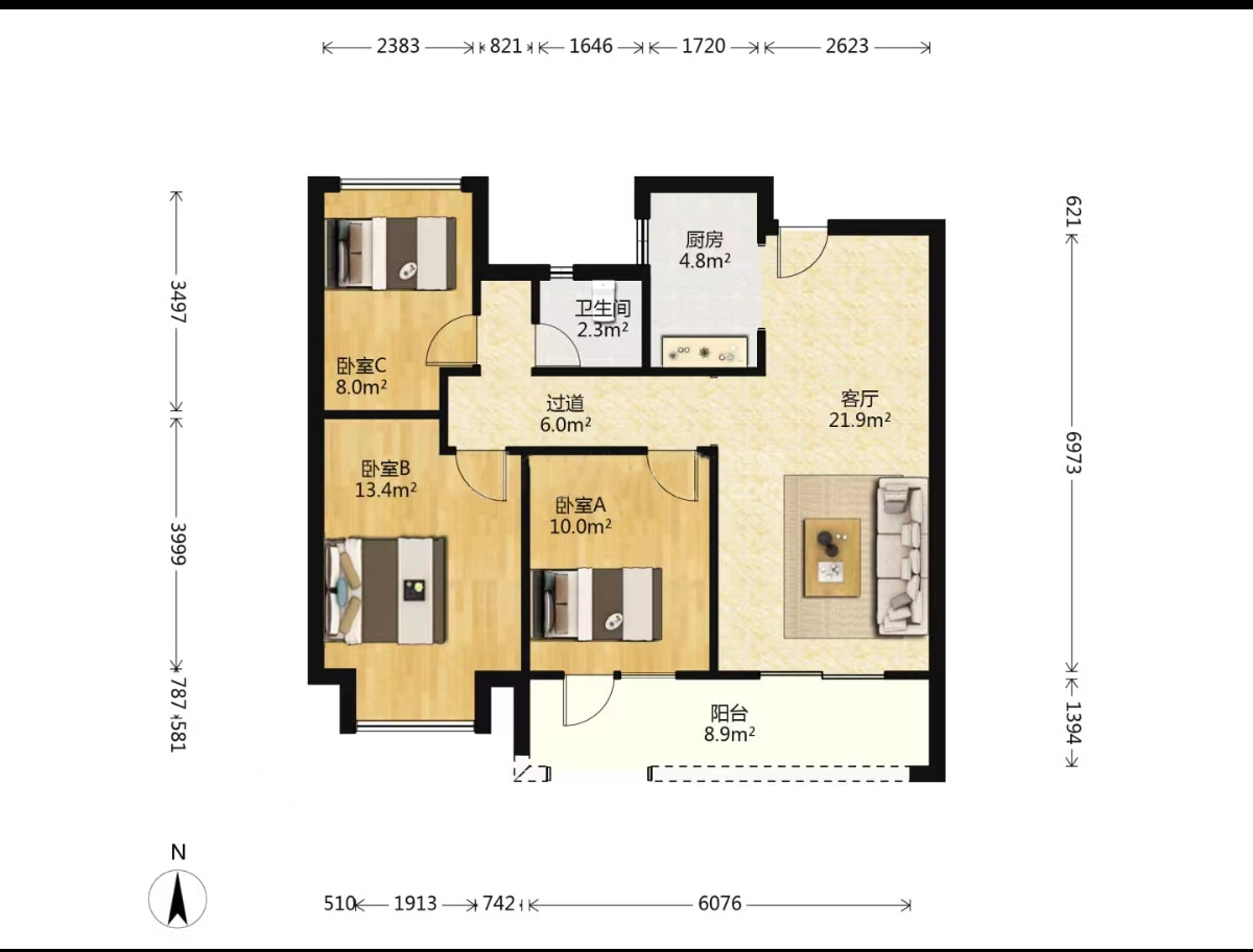 春风南岸西园 3室2厅1卫 96m&sup2;