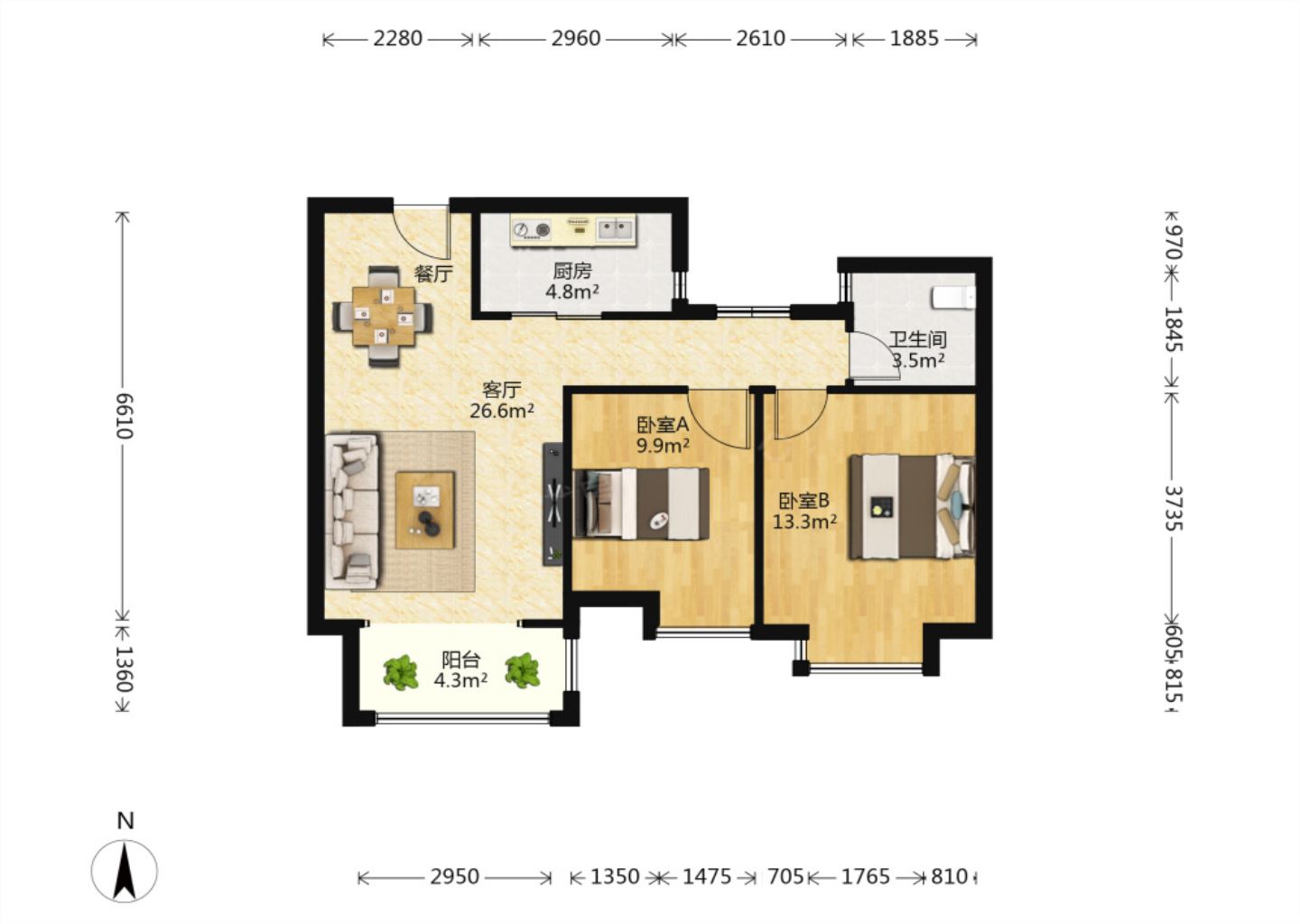 南辰濠郡 2室2厅1卫 88.60m&sup2;