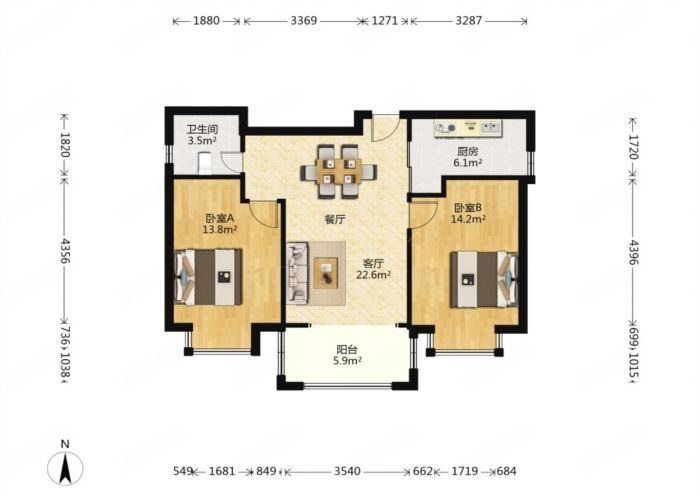 盛唐公寓 2室1厅1卫 88m&sup2;