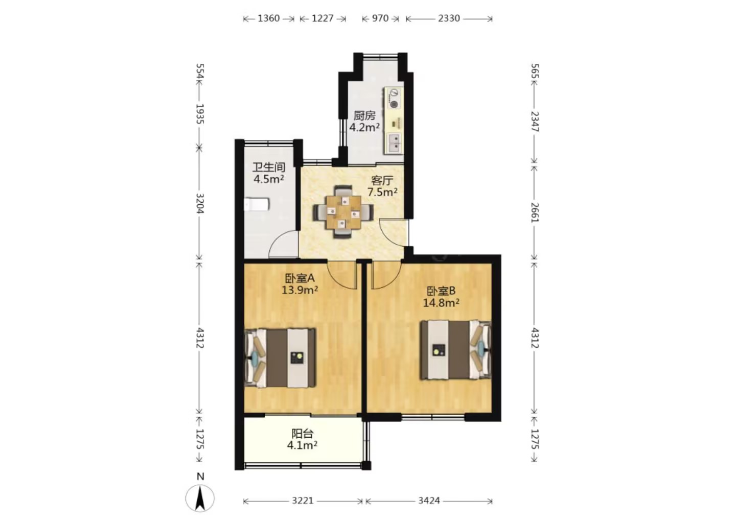 虹桥南村 2室1厅1卫 61m&sup2;