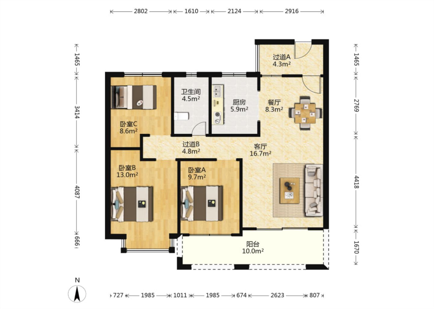 华强城 3室2厅1卫 108m&sup2;