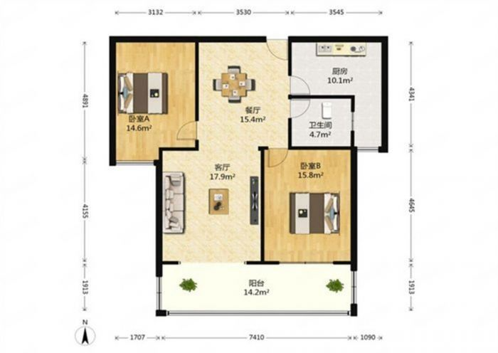 中南世纪城北区 2室2厅1卫 108m&sup2;