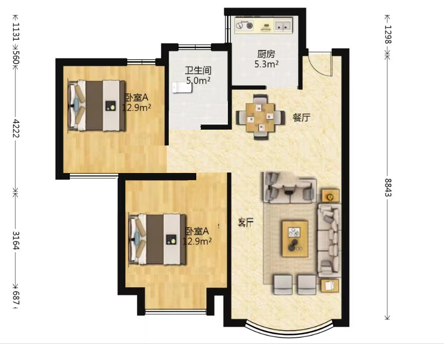 中南世纪花城二期 2室2厅1卫 90m&sup2;