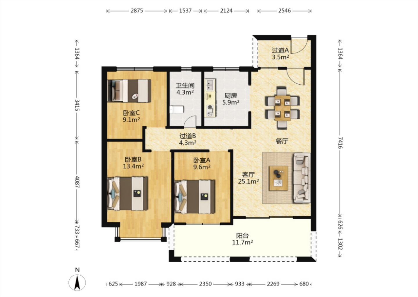 华强城 3室2厅1卫 109.5m&sup2;