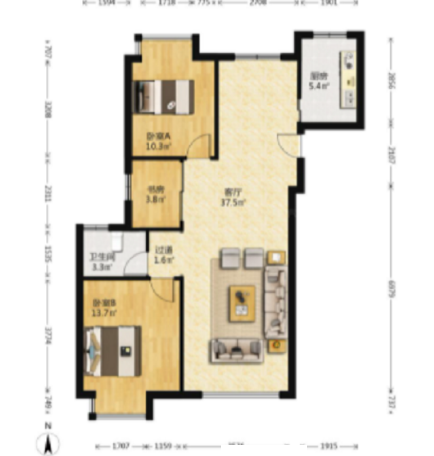 南辰濠郡 2室1厅2卫 101m&sup2;