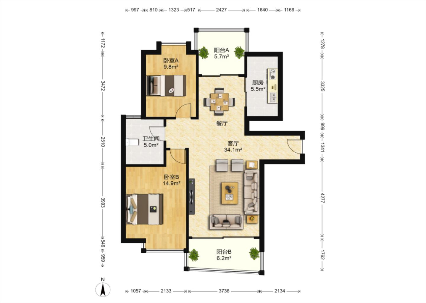 中南世纪城北区 2室2厅1卫 121.73m&sup2;