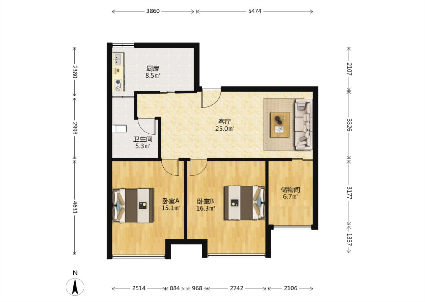未来锦城 2室2厅1卫 88m&sup2;