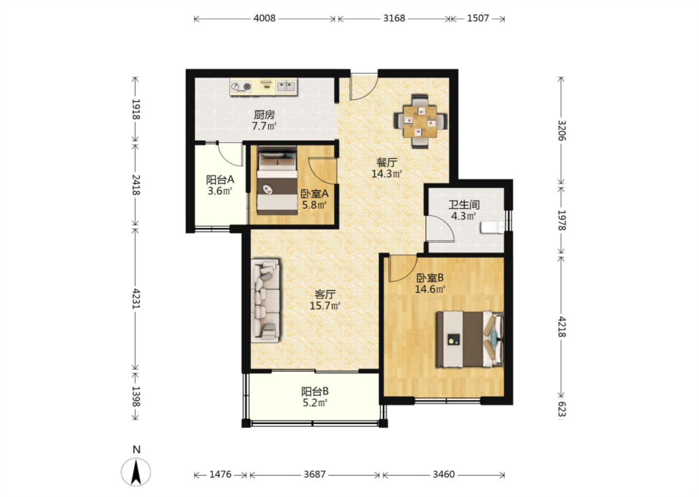 高迪晶城 2室2厅1卫 90.87m&sup2;