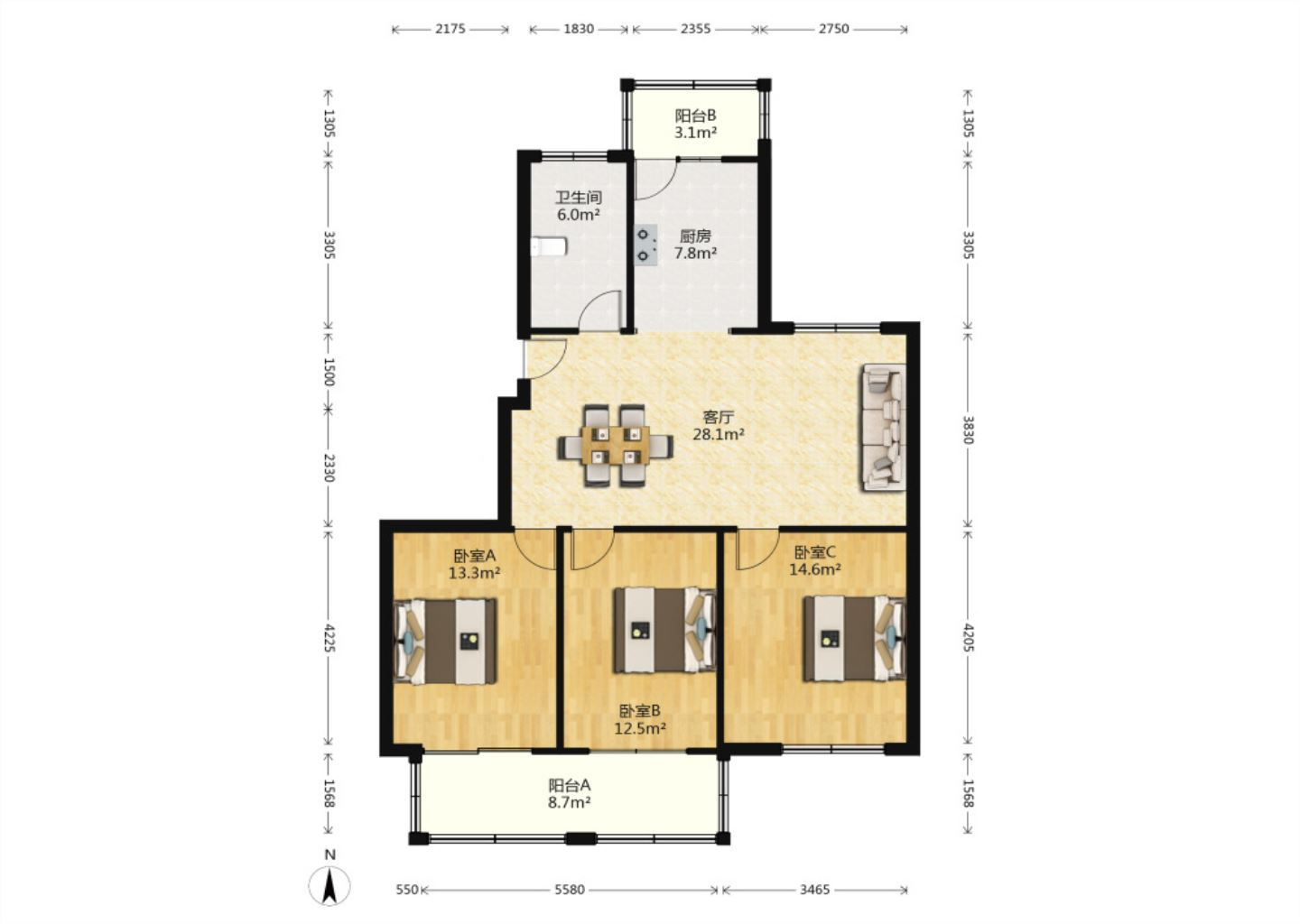 十里花苑 3室2厅1卫 128.00m&sup2;