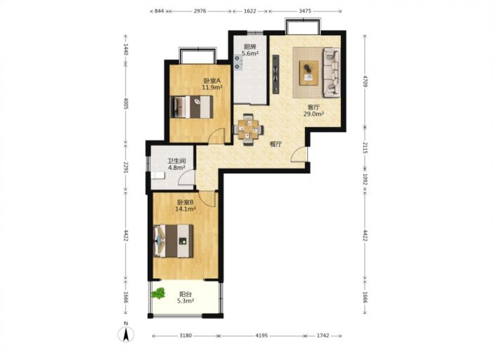 炜赋花苑 2室2厅1卫 92m&sup2;