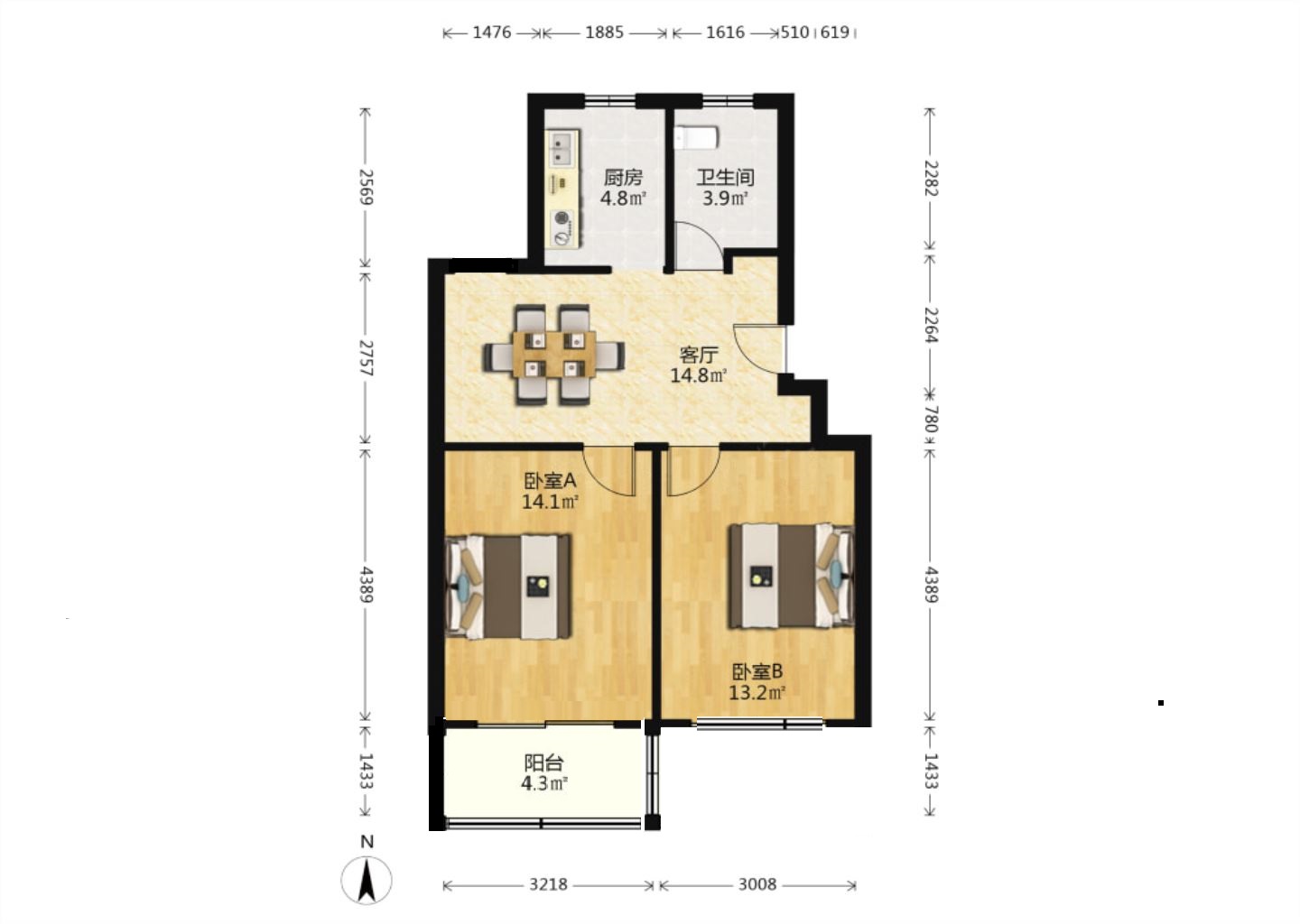 新建路新村（新建花苑） 2室1厅1卫 64m&sup2;