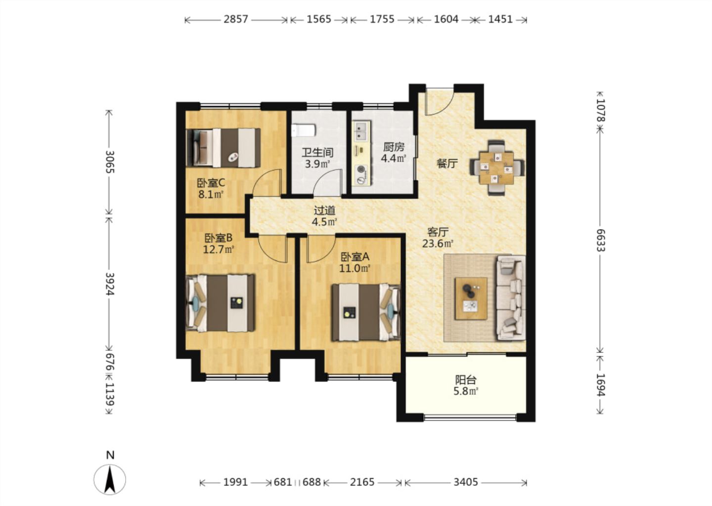 新城香溢紫郡 3室1厅1卫 97m&sup2;