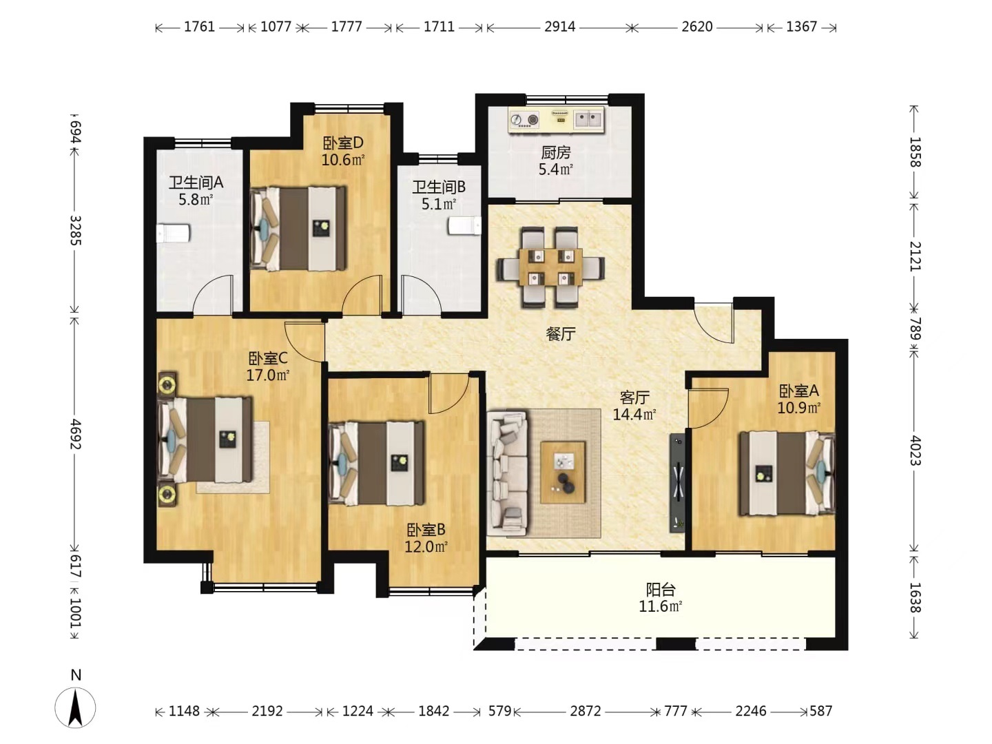 华润悦府 4室2厅2卫 140.45m&sup2;