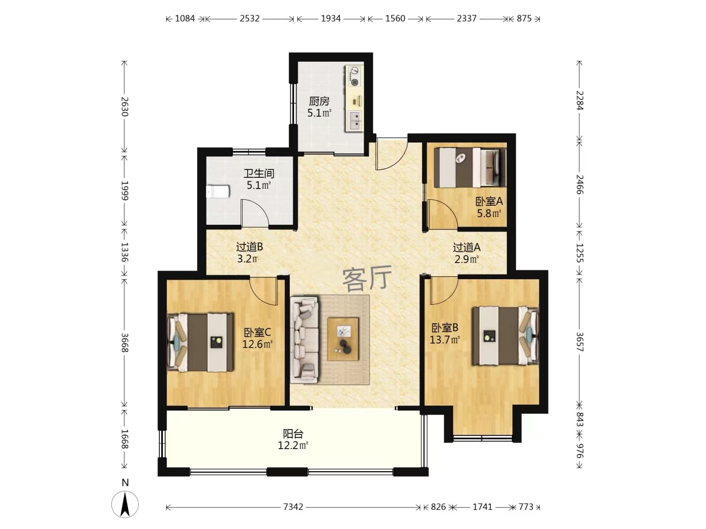 盛和花半里 3室2厅1卫 112.41m&sup2;