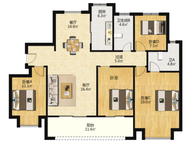 中海上东区 4室2厅2卫 143m&sup2;