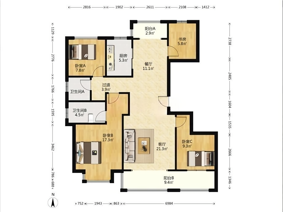 世茂云锦(九龙庭广场) 3室2厅2卫 128m&sup2;
