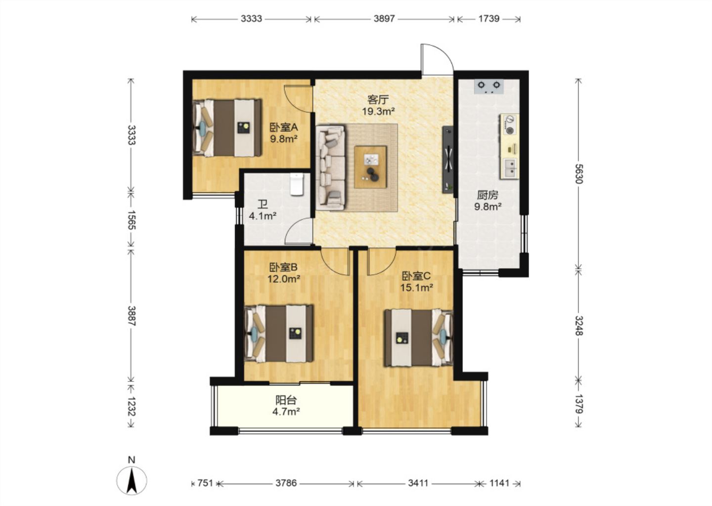 华强城 3室1厅1卫 89.00m&sup2;