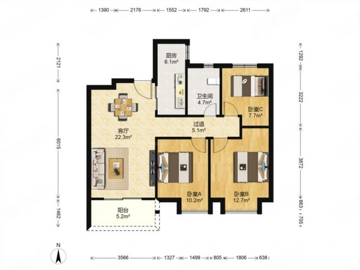 中海碧林湾 3室2厅1卫 96.65m&sup2;