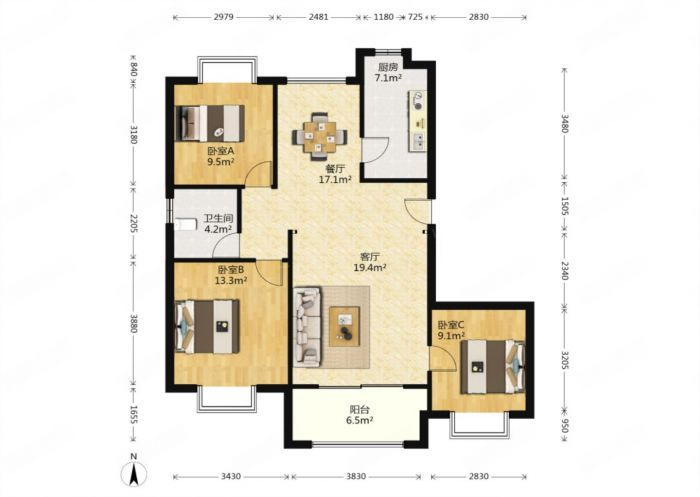 尚海湾 3室2厅1卫 120m&sup2;