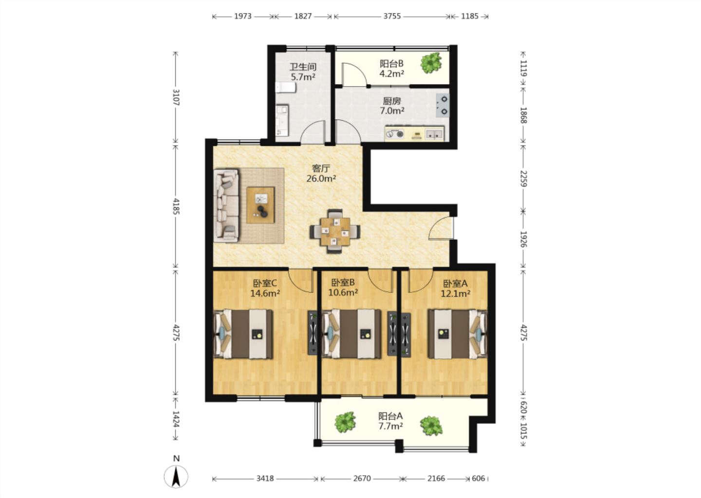 外滩花苑 3室1厅1卫 113.00m&sup2;