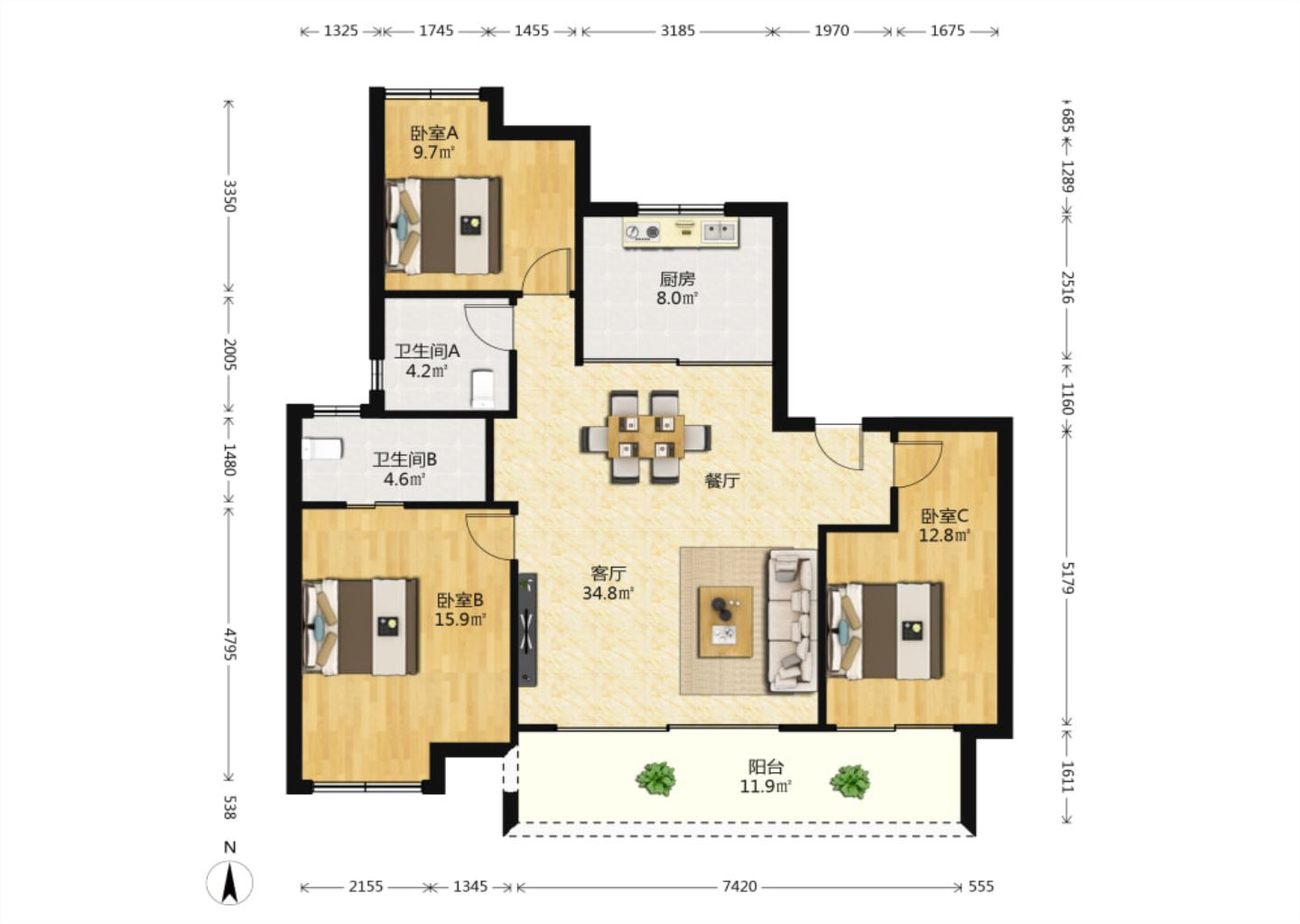 万科方圆 3室2厅2卫 128m&sup2;