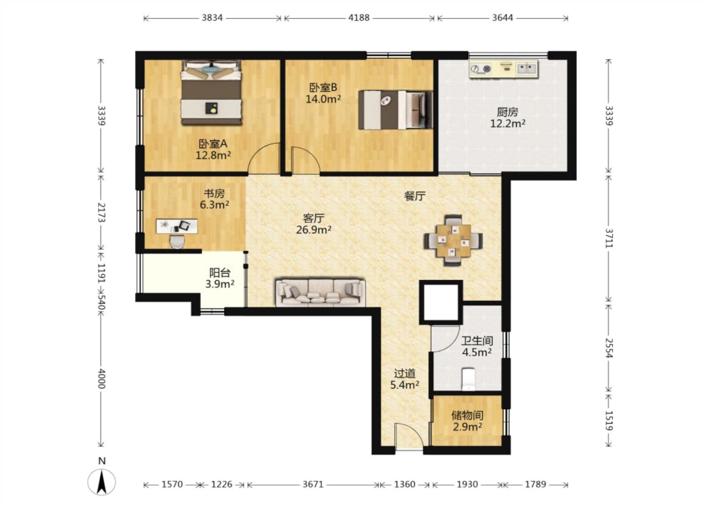 中南大厦 3室2厅1卫 108.96m&sup2;