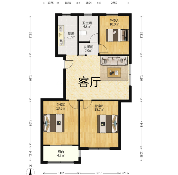 锦安花园一期 3室1厅1卫 103.00m&sup2;