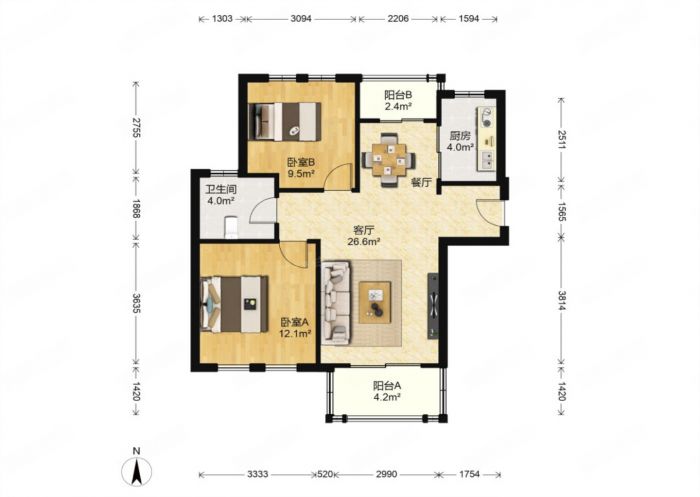 高迪晶城 2室2厅1卫 93m&sup2;