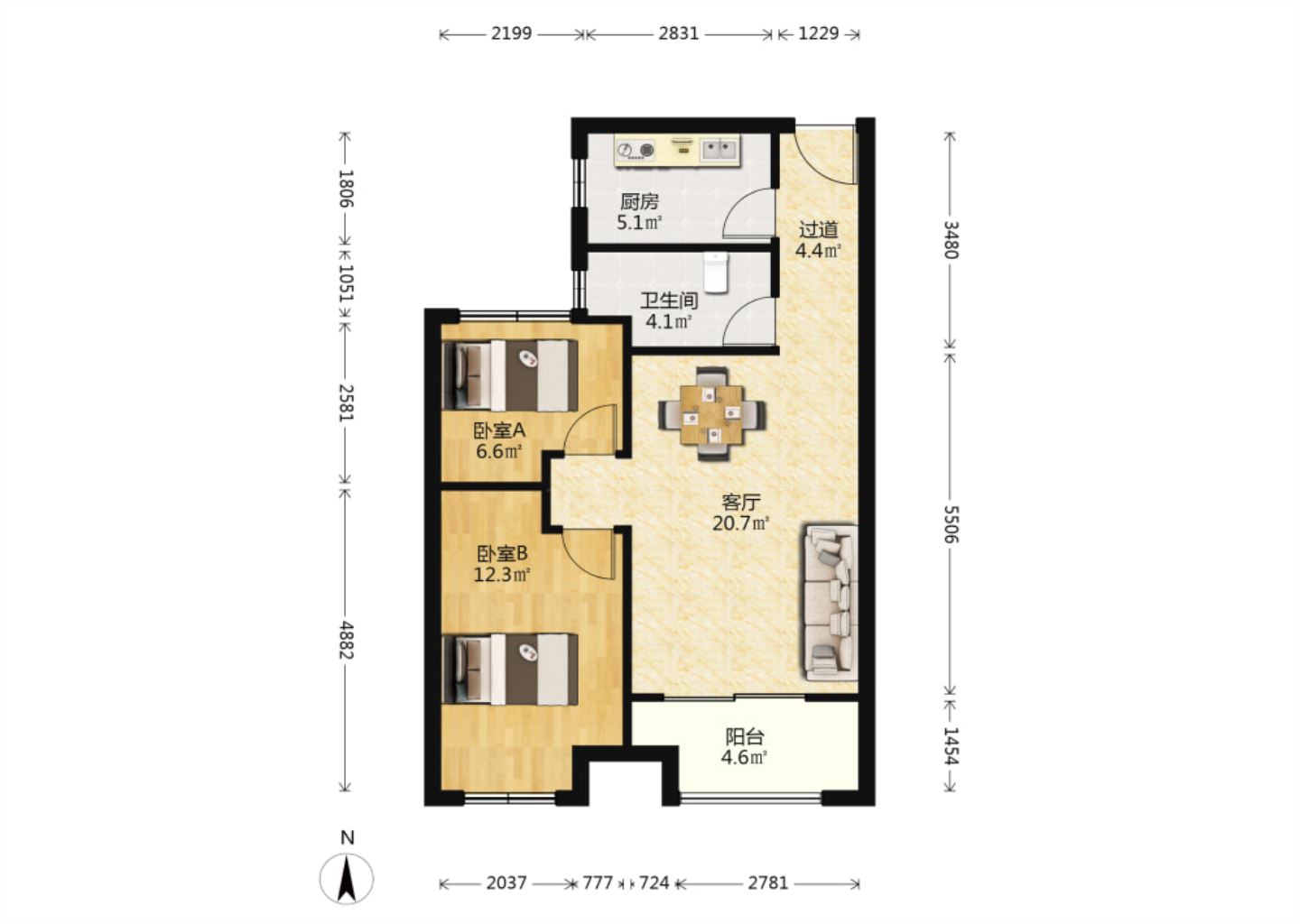 世茂公元 2室2厅1卫 67.5m&sup2;