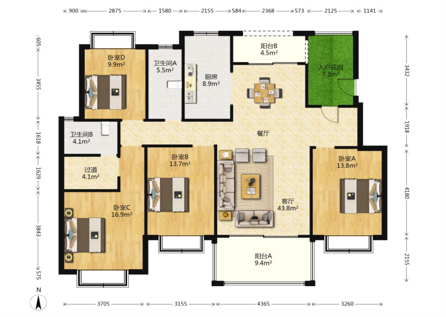 华强城 4室2厅2卫 158.00m&sup2;