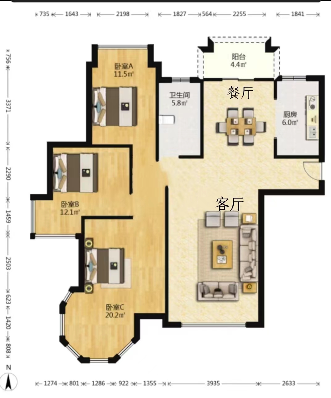 中南世纪花城一期 3室2厅1卫 131m&sup2;
