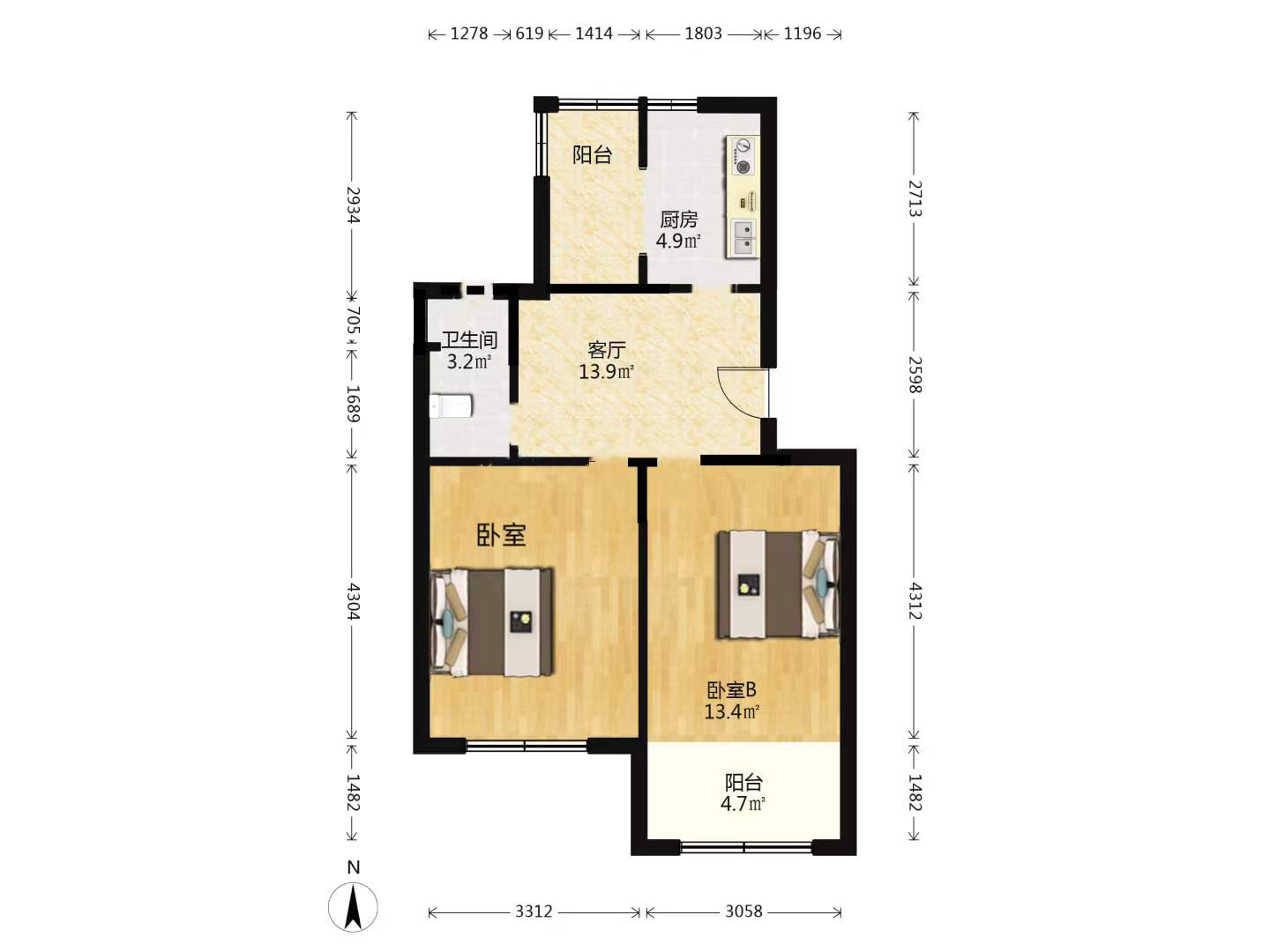光明东村一期 2室1厅1卫 64m&sup2;