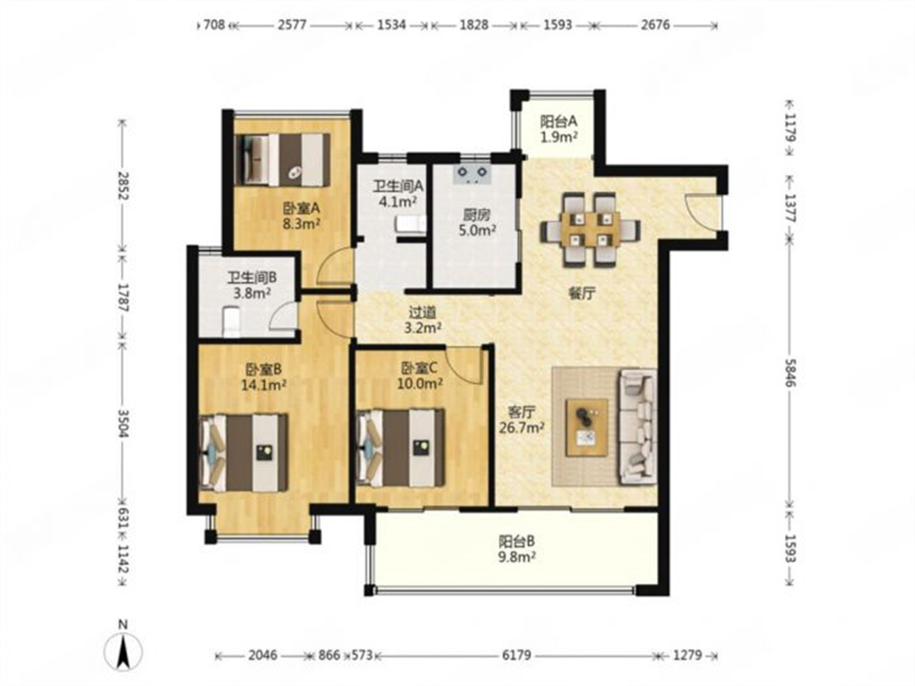 雍华府 3室2厅1卫 114m&sup2;
