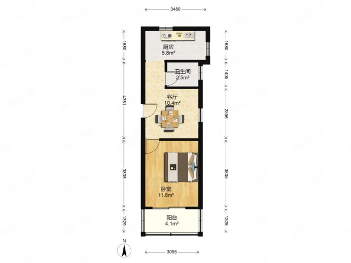 光明东村三期 1室1厅1卫 45.95m&sup2;