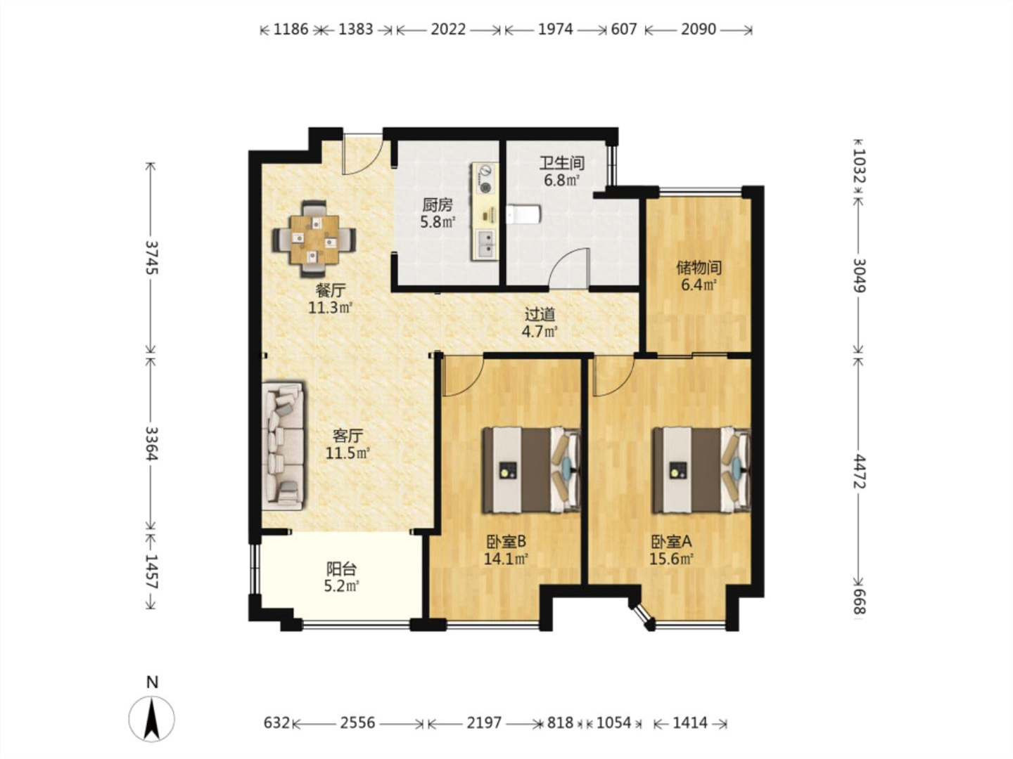 五洲御锦城 2室2厅1卫 93.00m&sup2;