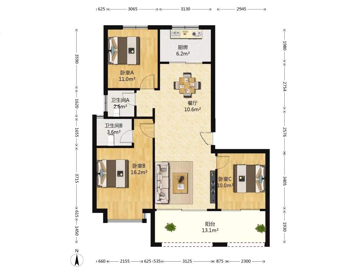 中南世纪花城三期 3室2厅2卫 137.37m&sup2;