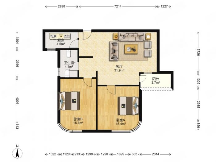 绿城玉兰公寓 2室2厅1卫 100.55m²