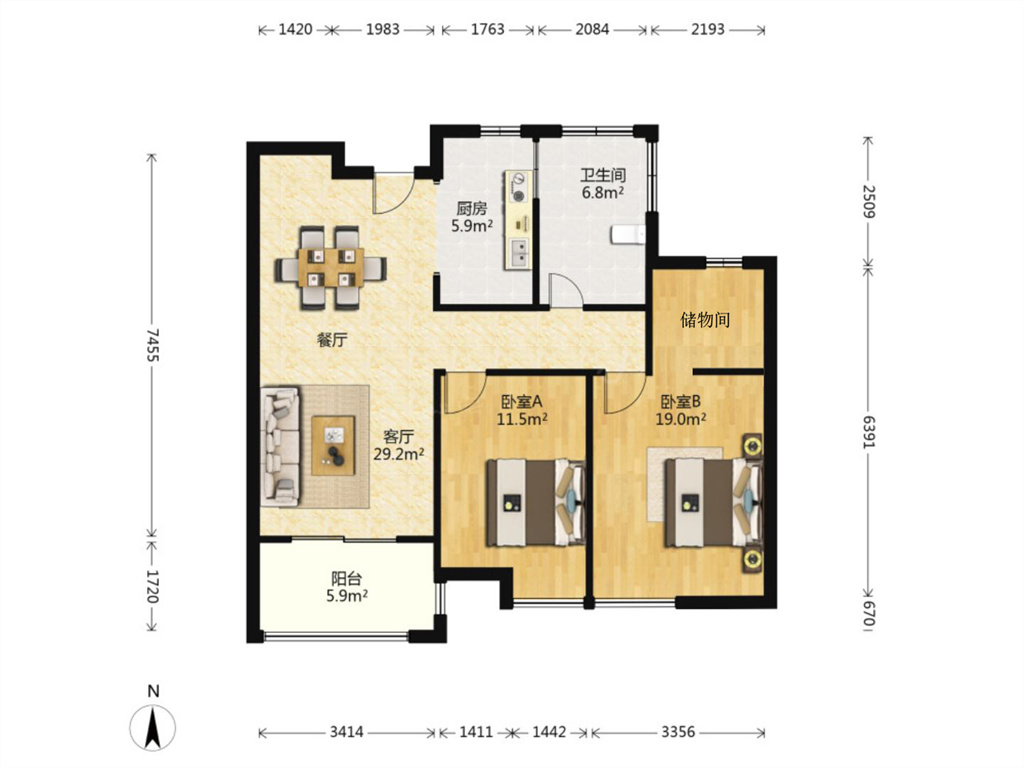 保利香槟国际 2室2厅1卫 100m&sup2;