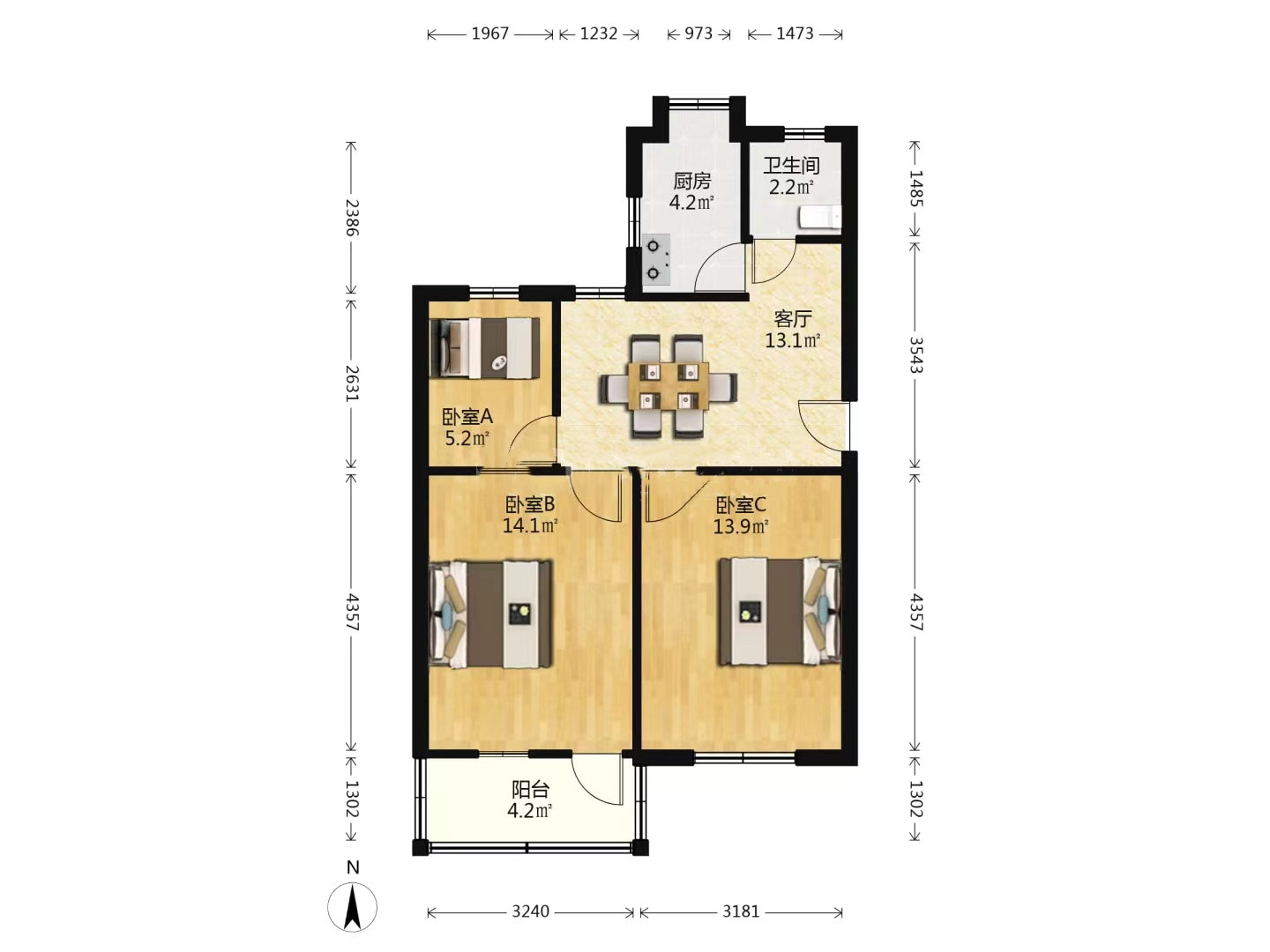 花园角 2室1厅1卫 72.00m&sup2;
