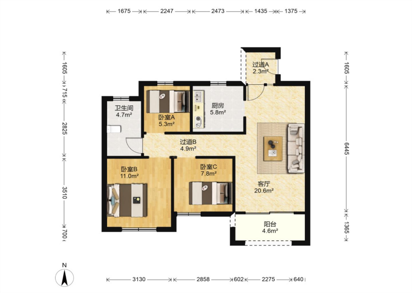 景瑞御府 3室2厅1卫 93m&sup2;
