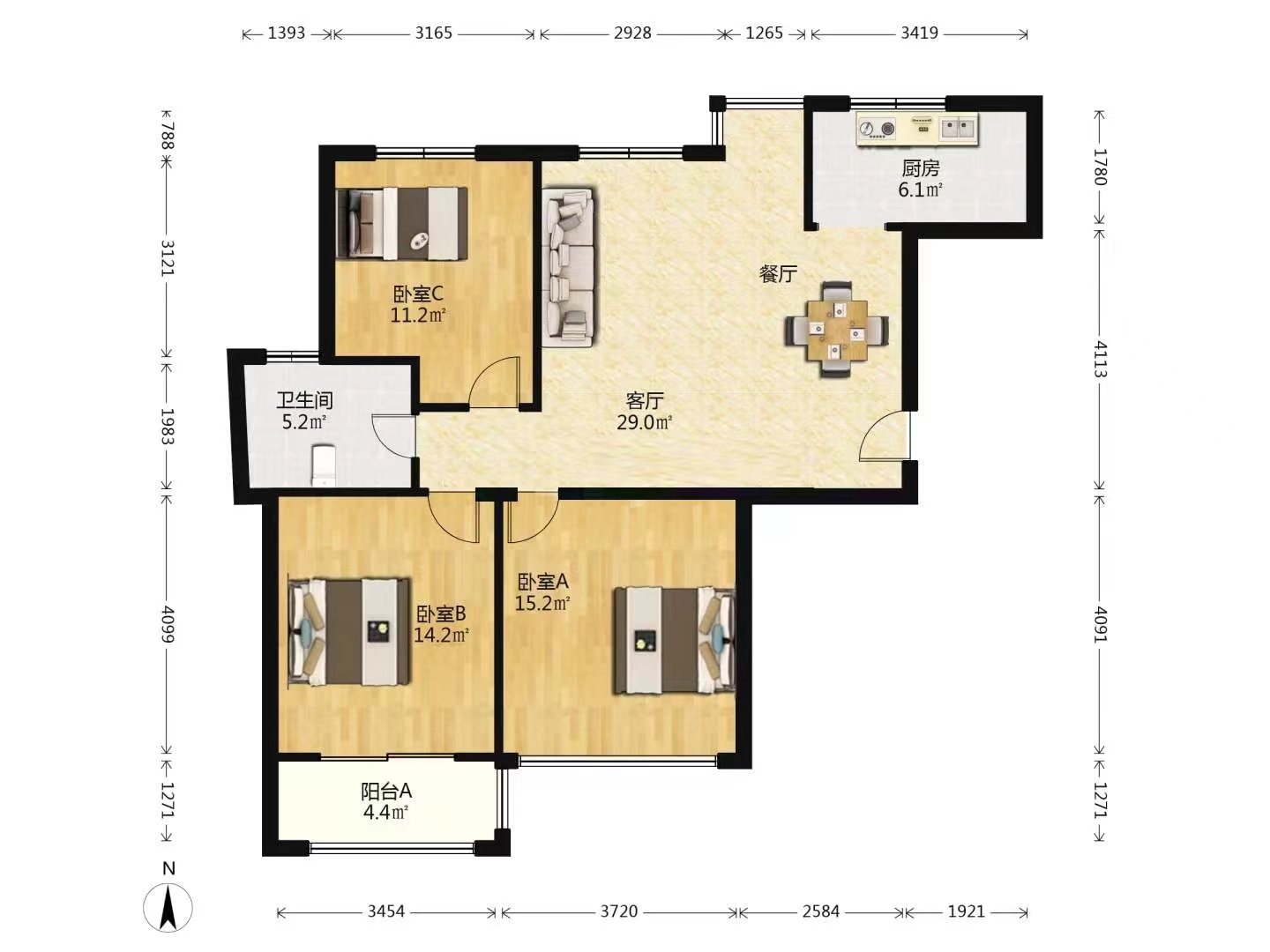 优山美地花园南区 3室2厅1卫 113m&sup2;