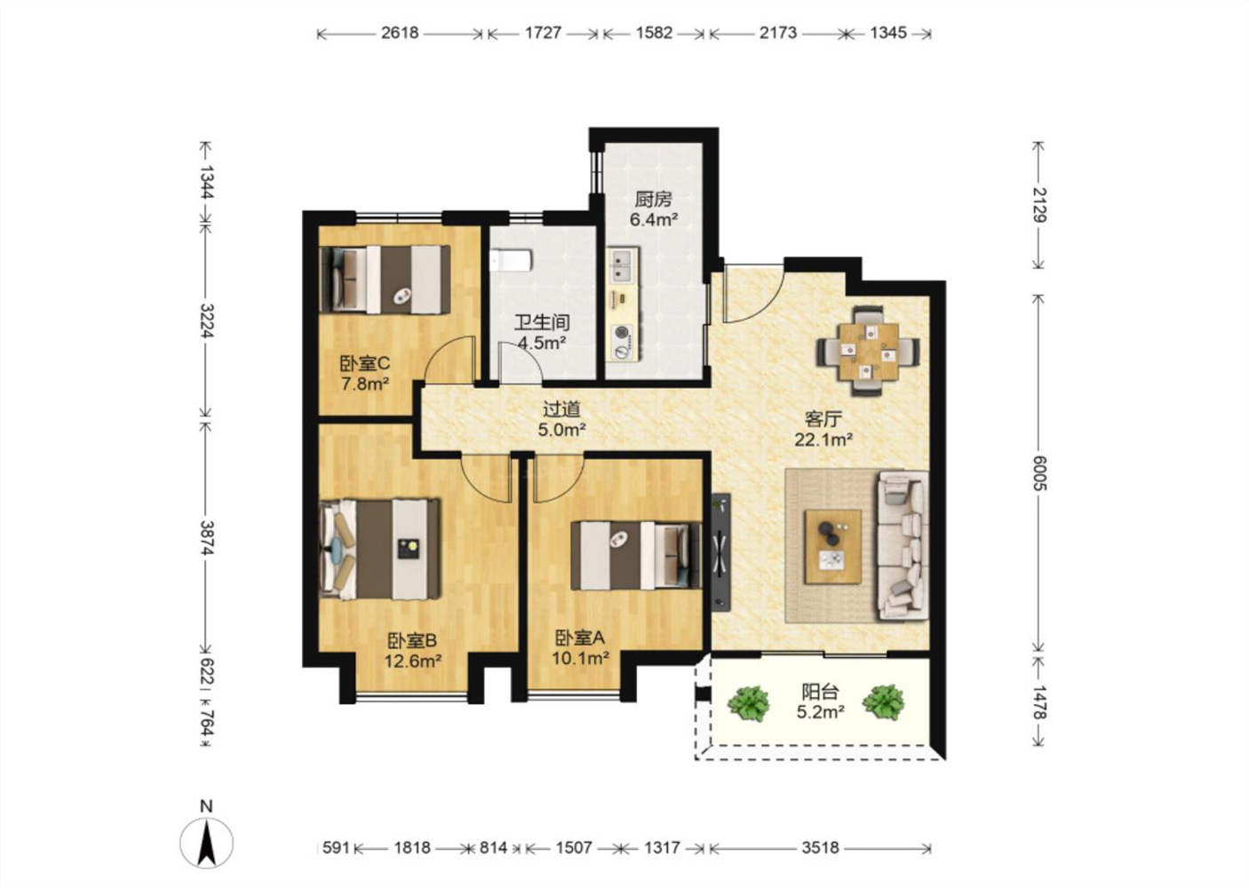中海碧林湾 3室2厅1卫 98m&sup2;