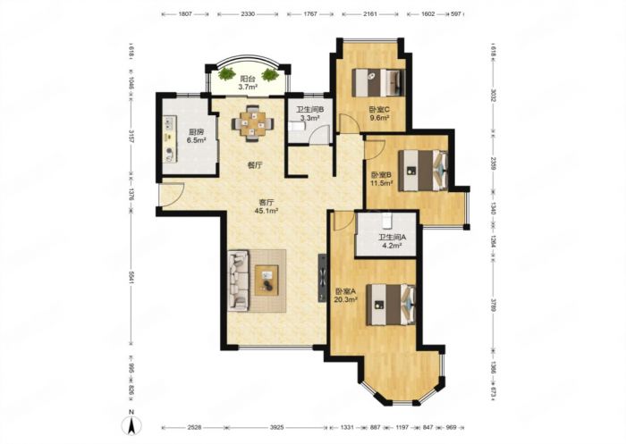 中南世纪花城一期 3室2厅1卫 140m&sup2;