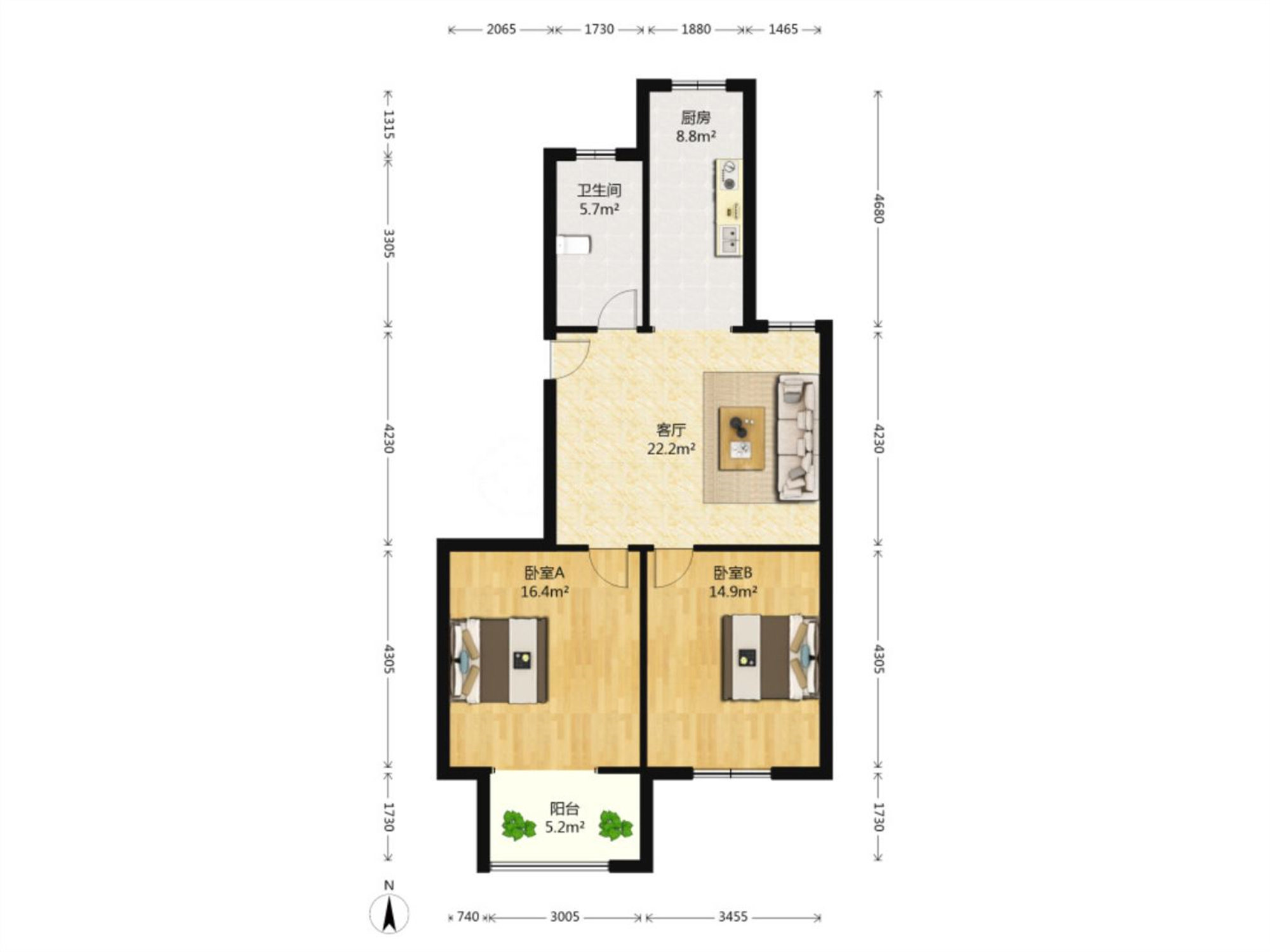 永兴福里南区 2室2厅1卫 96m&sup2;