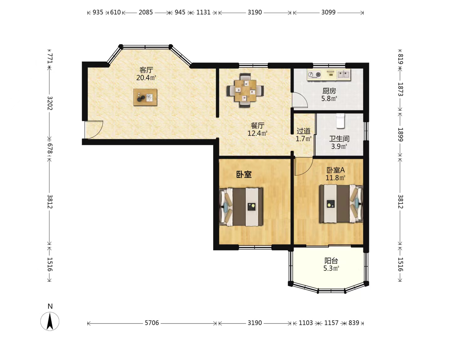 华能苑 2室1厅1卫 92.00m&sup2;