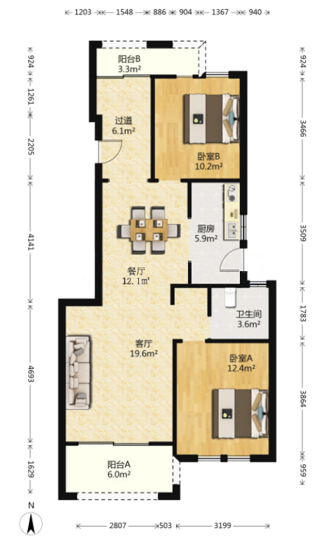 山水壹号 2室2厅1卫 91.84m&sup2;