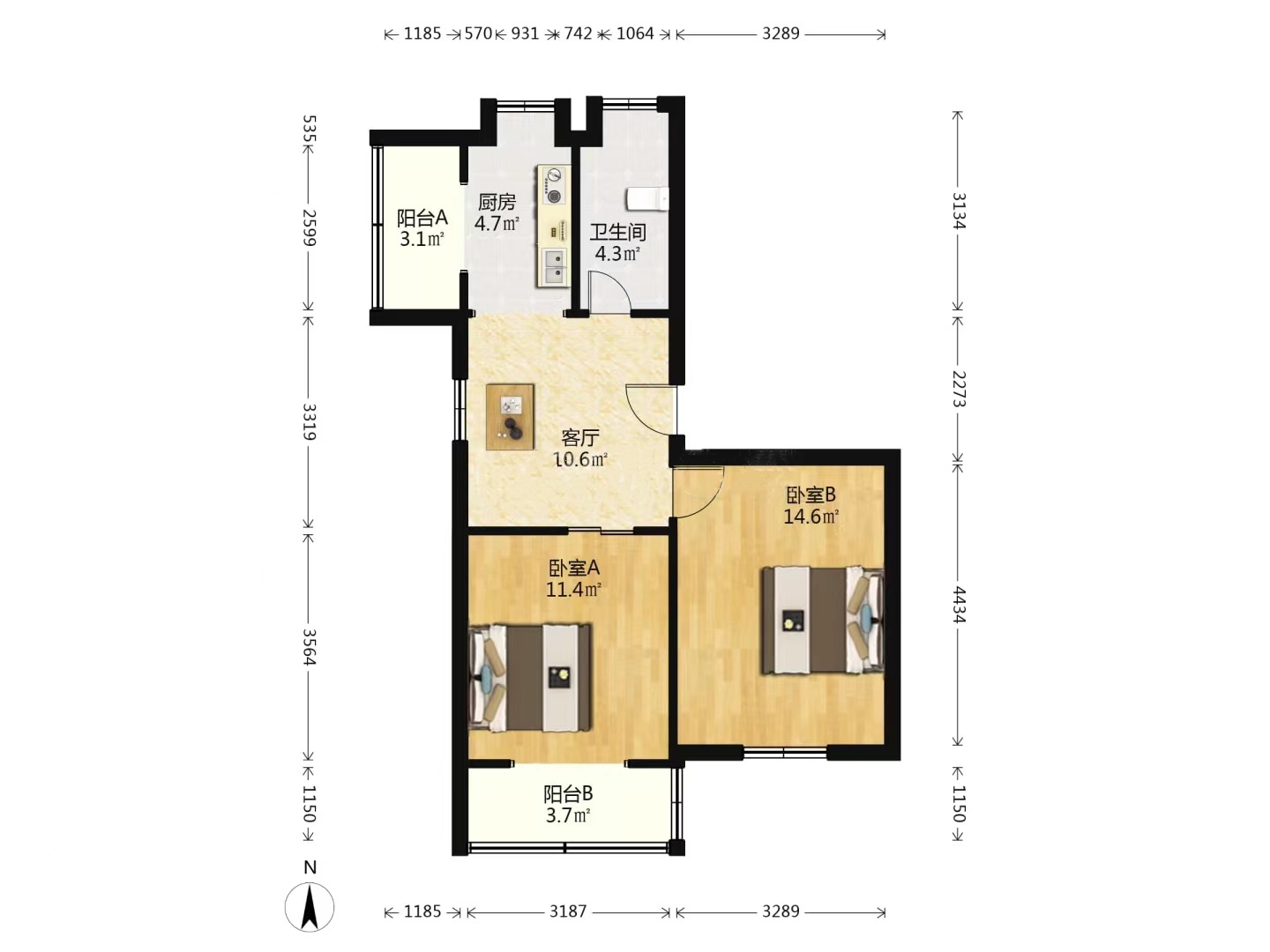 万象西园 2室1厅1卫 61.96m&sup2;