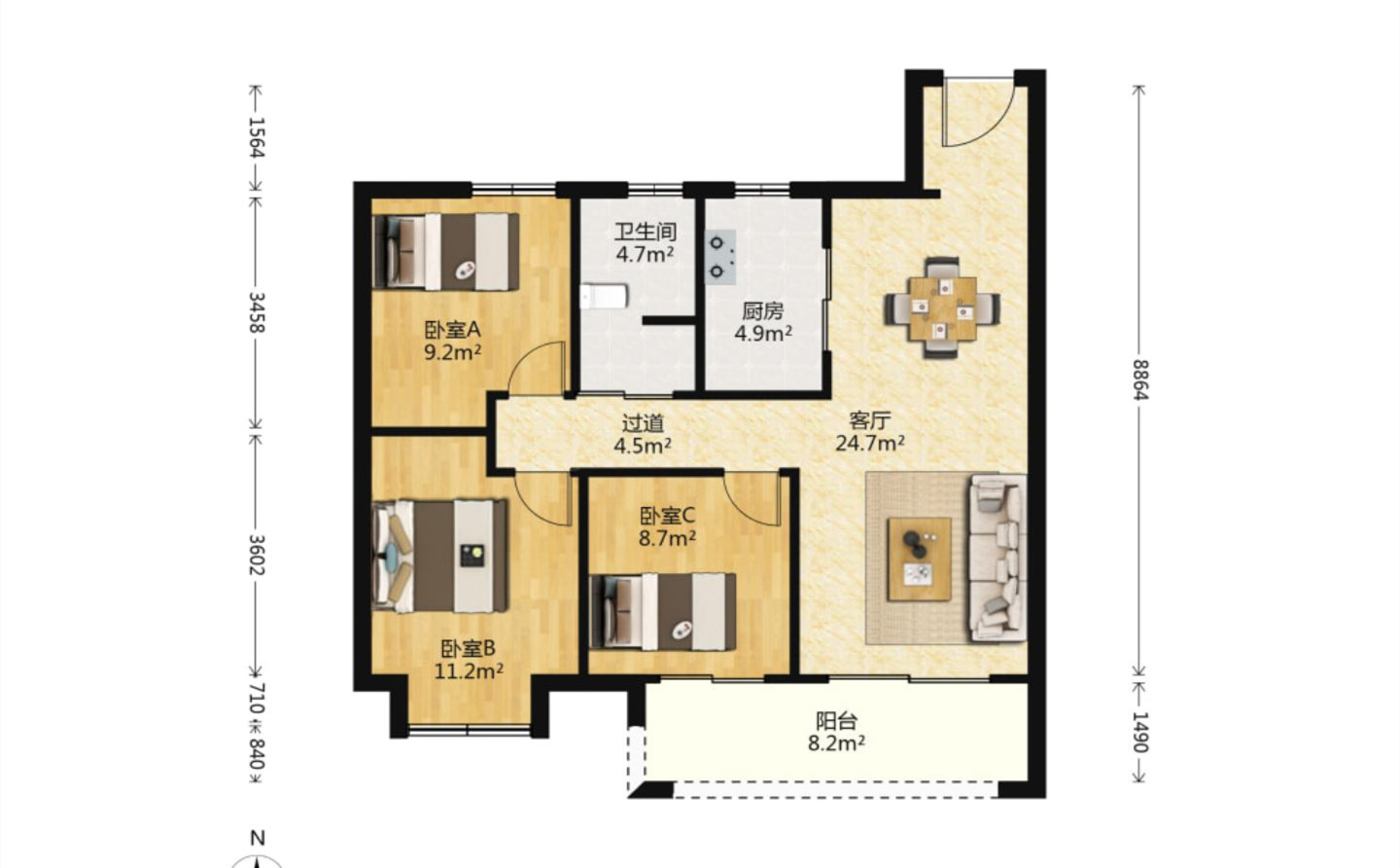 君兰天悦 3室2厅1卫 96.72m&sup2;