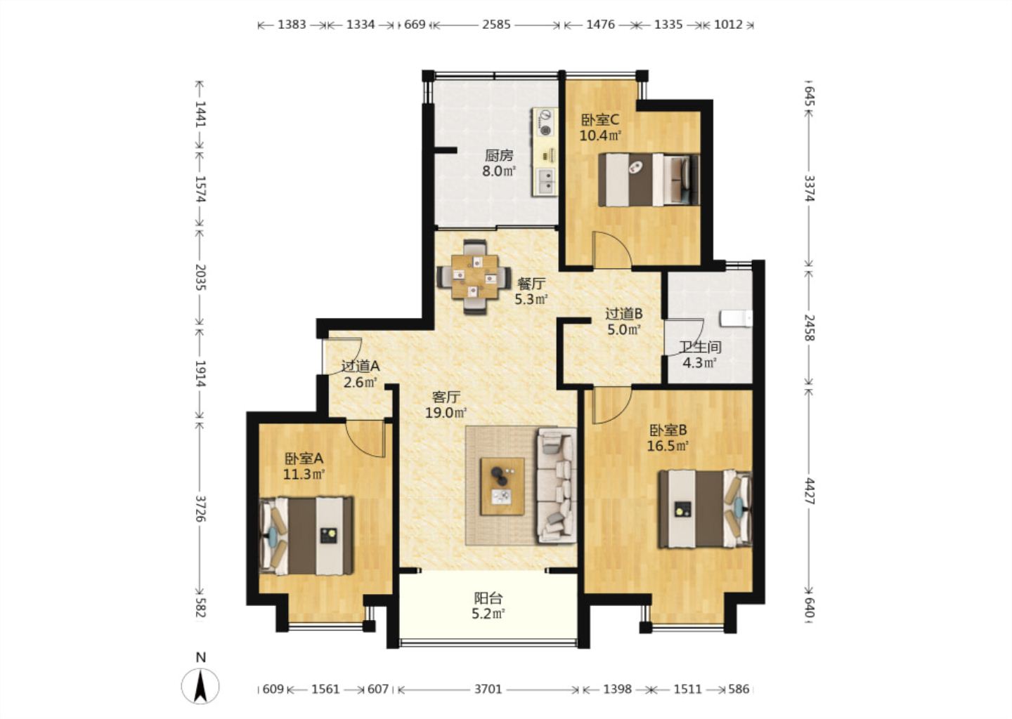 苏建阳光新城 3室2厅1卫 109.17m&sup2;