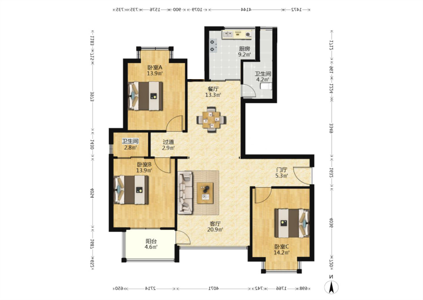 东方鑫乾大厦 3室2厅2卫 140m&sup2;